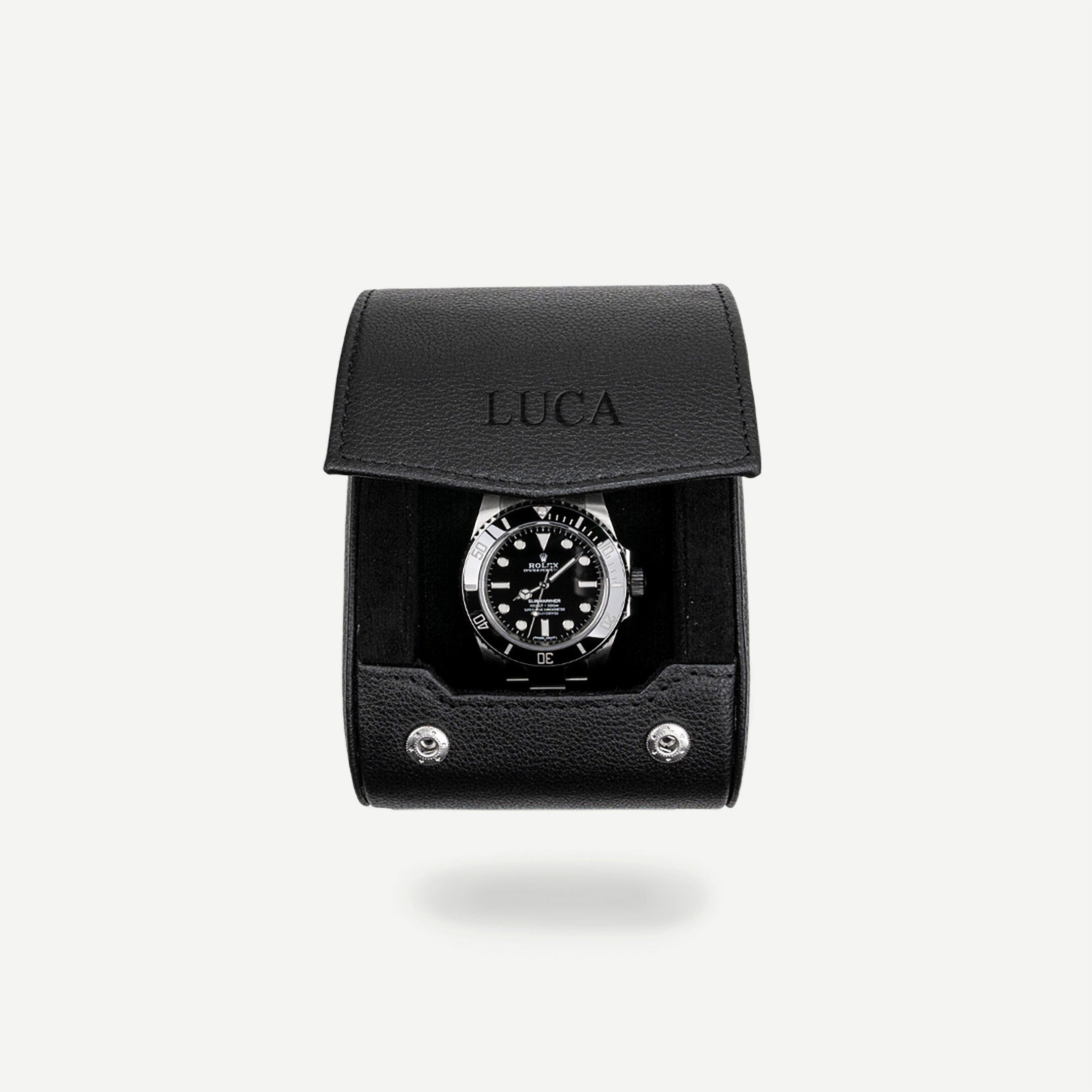 Personalized single watch roll in all black with the name LUCA engraved