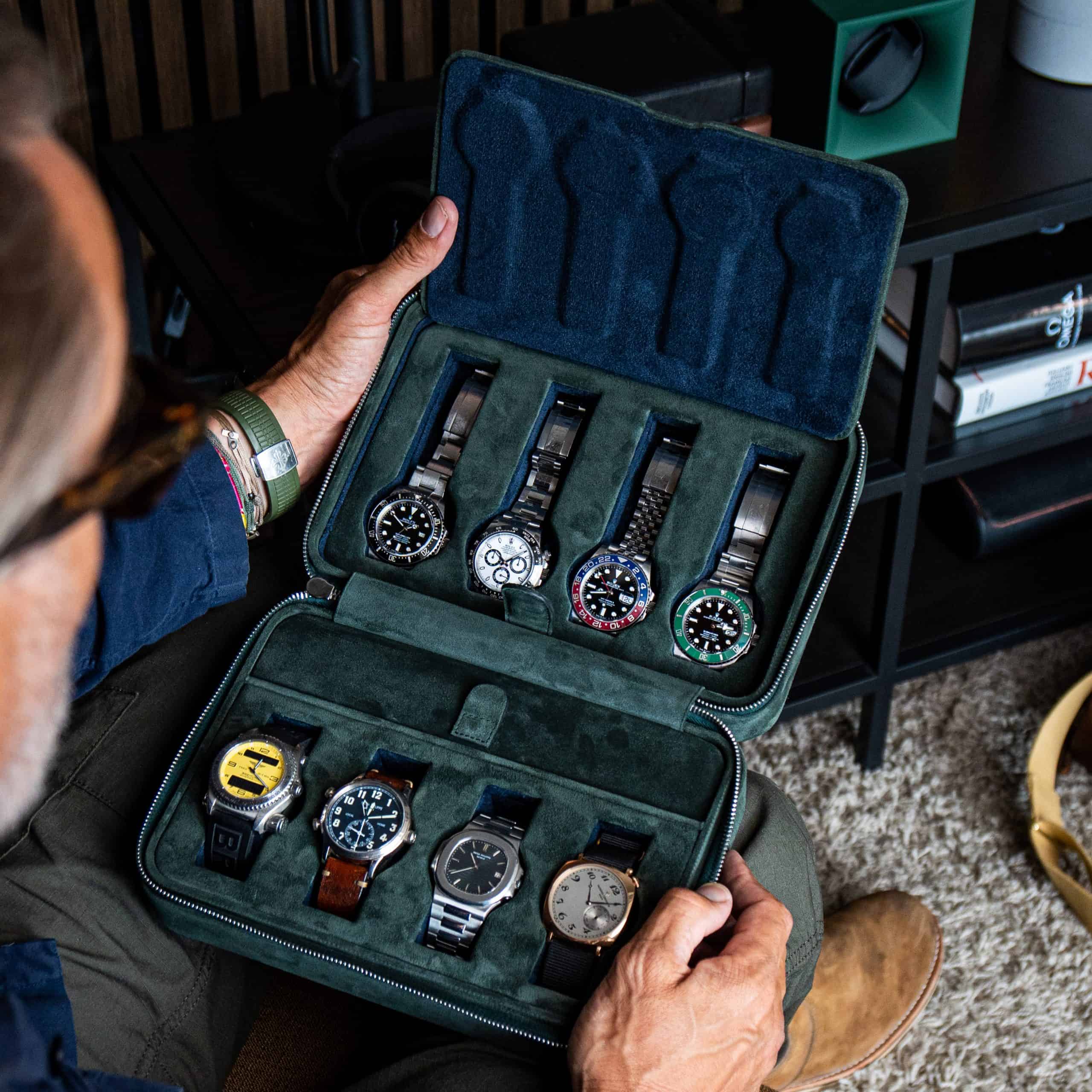luxury watch box in green, Forest Green 8 Slot Watch Box DailyWatch, italian suede leather, handmade, travel safely with eight watches, watch box interior