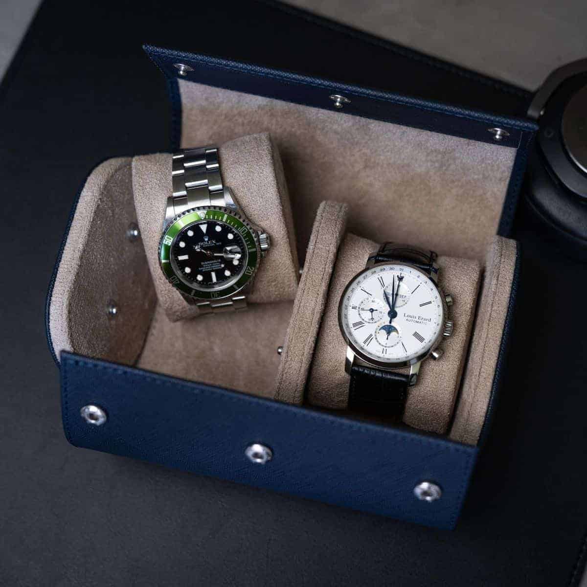Two Slot Watch Roll Navy Blue Saffiano
