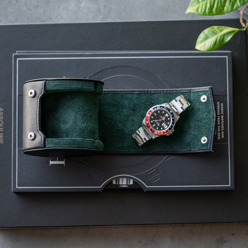 Black Green single open with watch