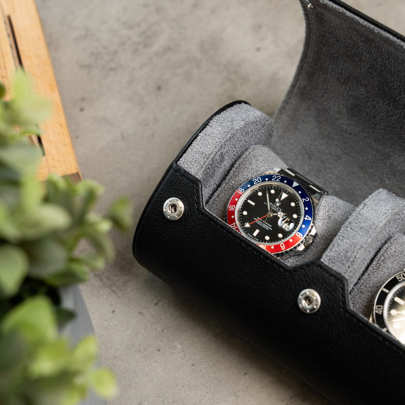 The watch roll for two watches in black grey