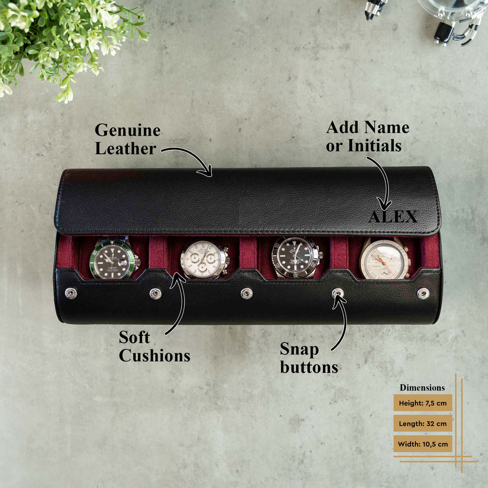 Specific details about the personalized watch roll in black cherry