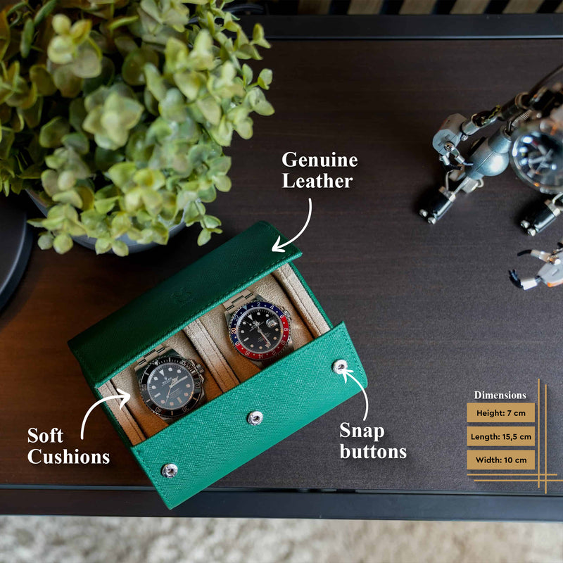 Information about the Green Saffiano 2 slot watch roll