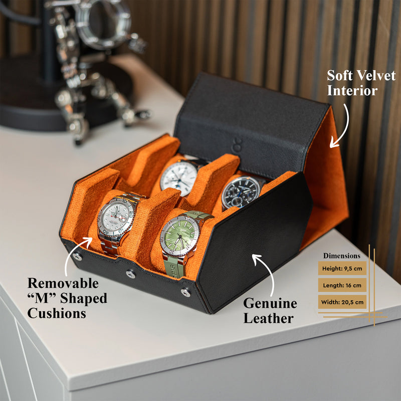 Hexagon Black Orange 4 Slot Watch Box