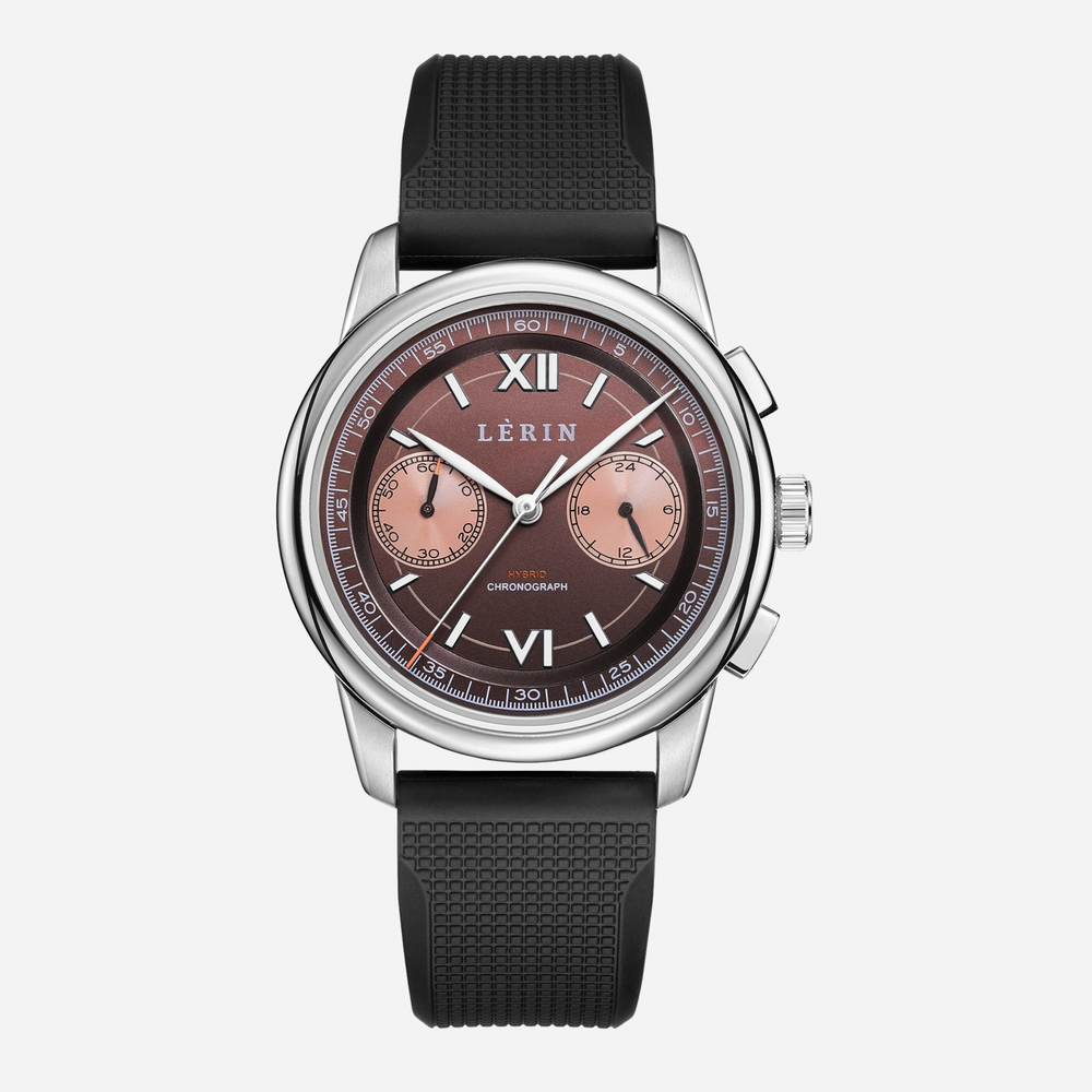 A LERIN chronograph watch with a silver-tone stainless steel case, a dark brown dial with rose gold sub-dials and Roman numerals, and a textured black rubber strap, shown against a light gray background.