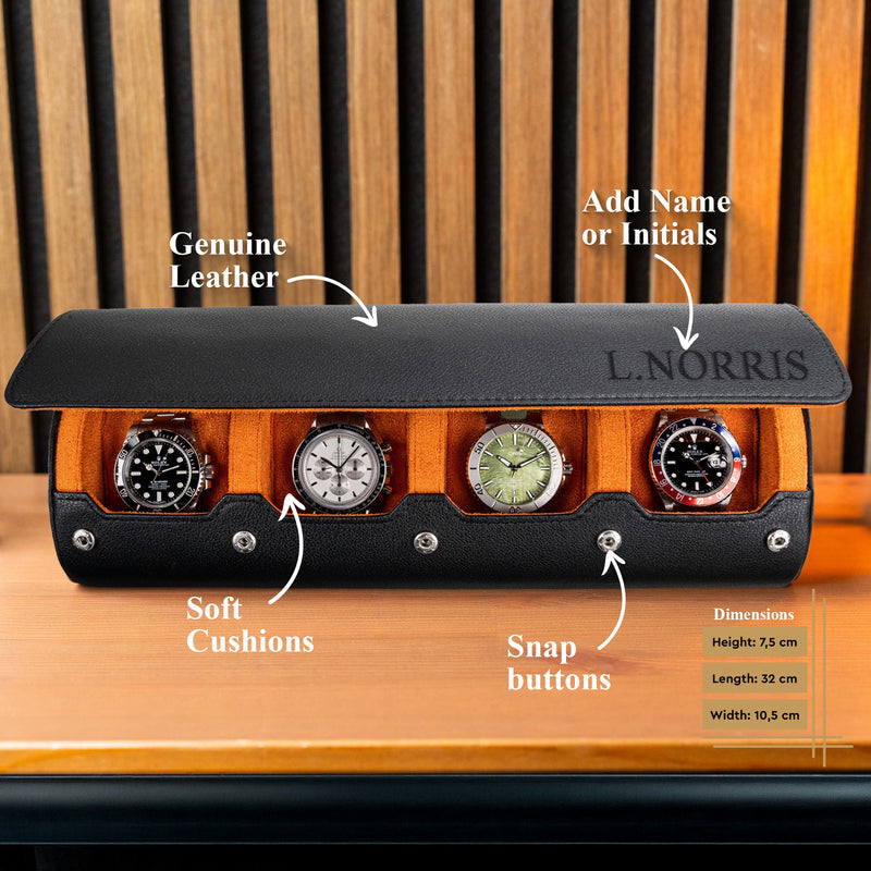 Details about the Personalized Watch Roll For 4 Watches in Black Orange