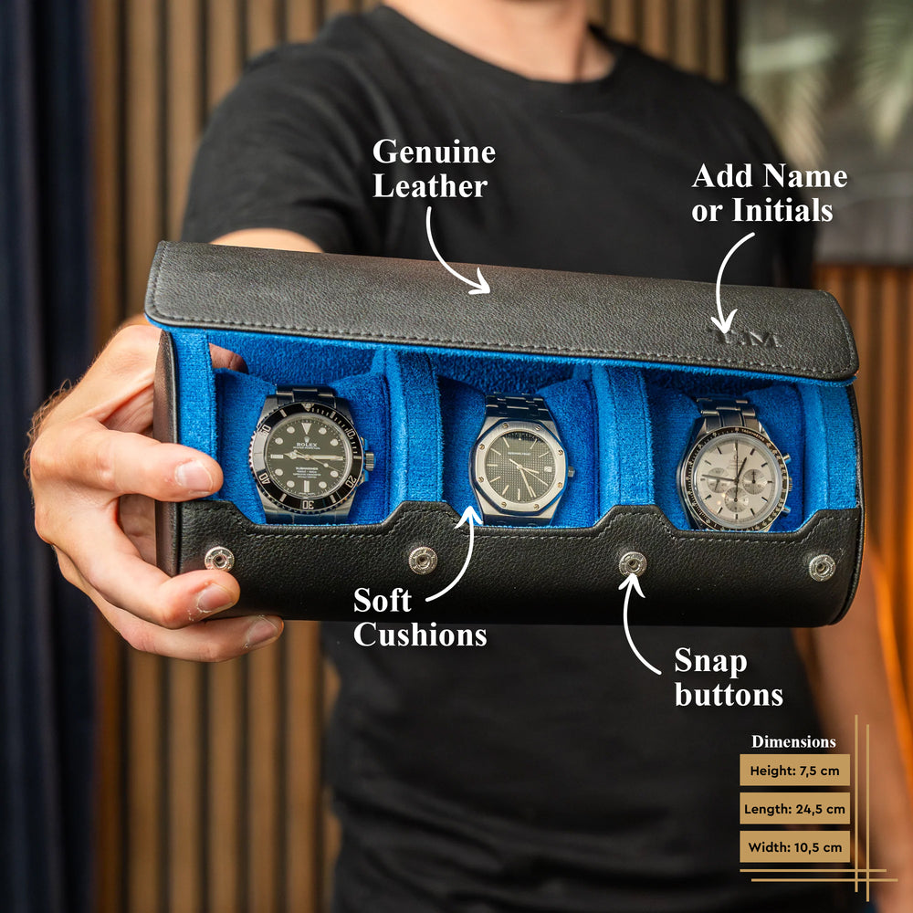 Specific information about the personalized watch roll for 3 watches in black blue