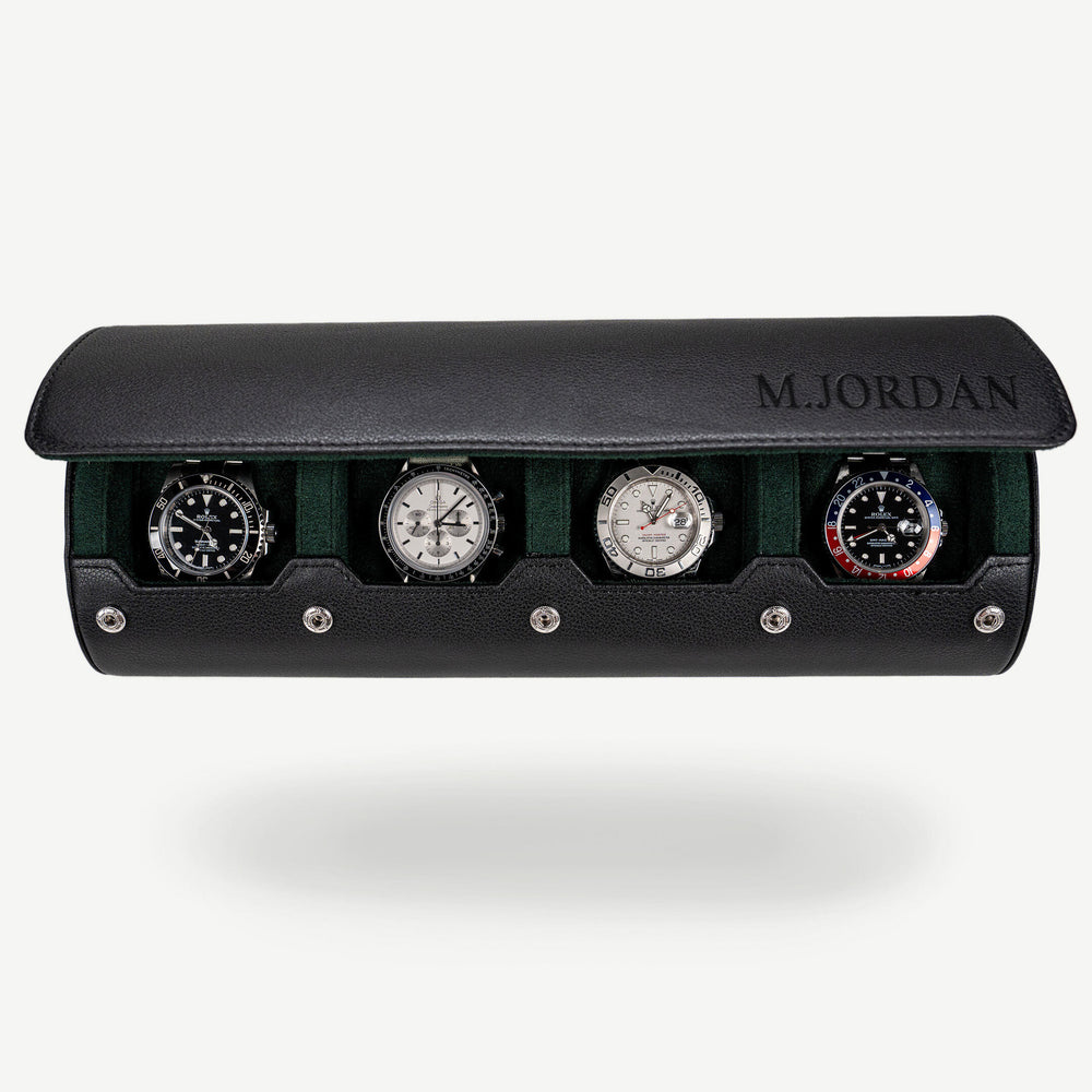 Personalized Black Green 4 slot watch roll 