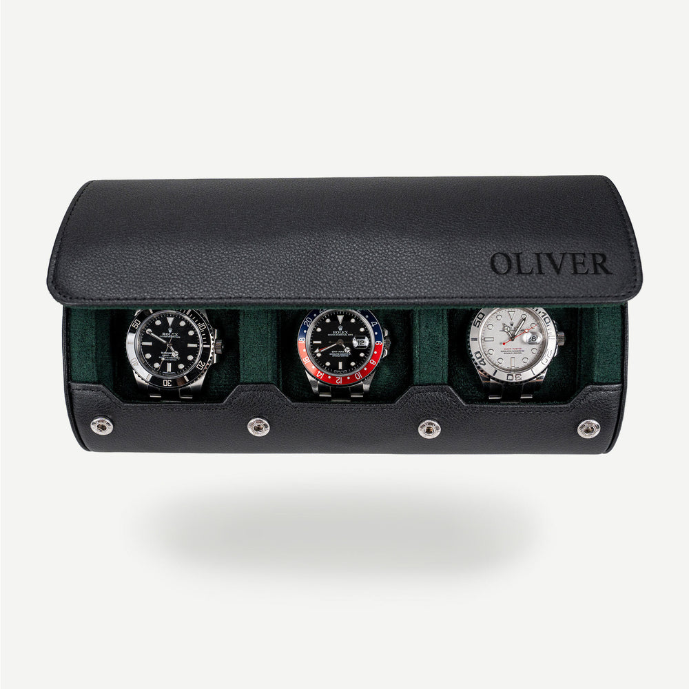 Personalized Watch Roll large Black Green with the name OLIVER engraved