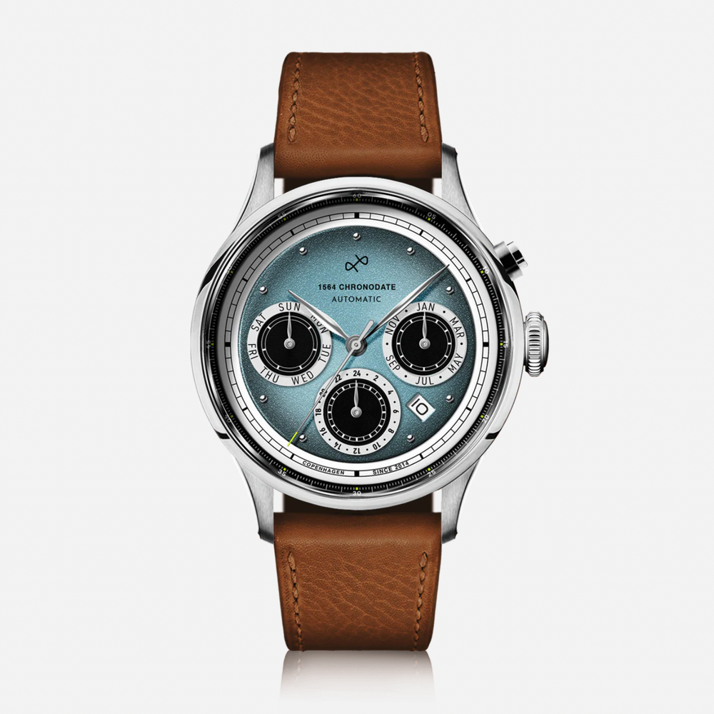 Watch with a brown leather strap and blue face on a white background