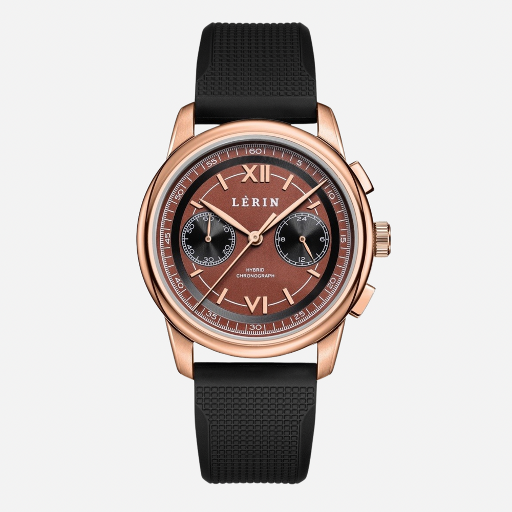 A LERIN chronograph watch with a rose gold case, brown dial, and black textured strap, shown against a light gray background.