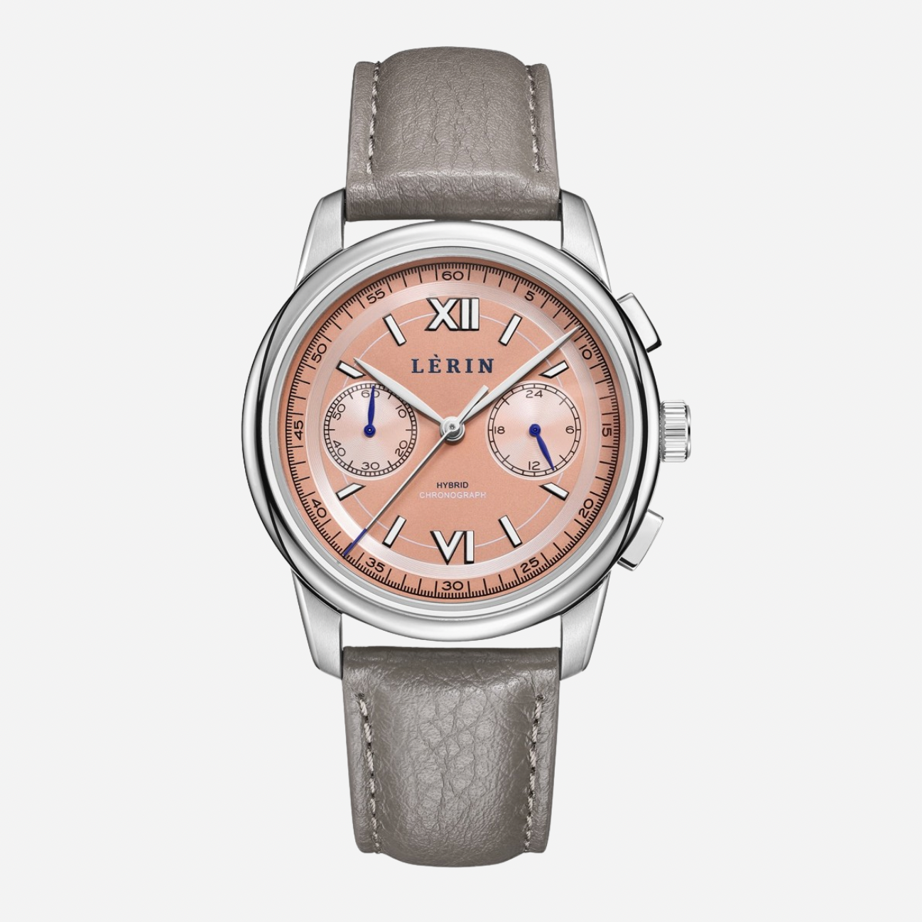 A LERIN watch featuring a round silver stainless steel case, a peach-pink dial with Roman numerals and two sub-dials, and a textured light gray leather strap, shown against a light gray background.