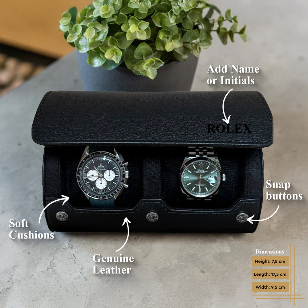 Personalized watch roll for 2 watches in all black 