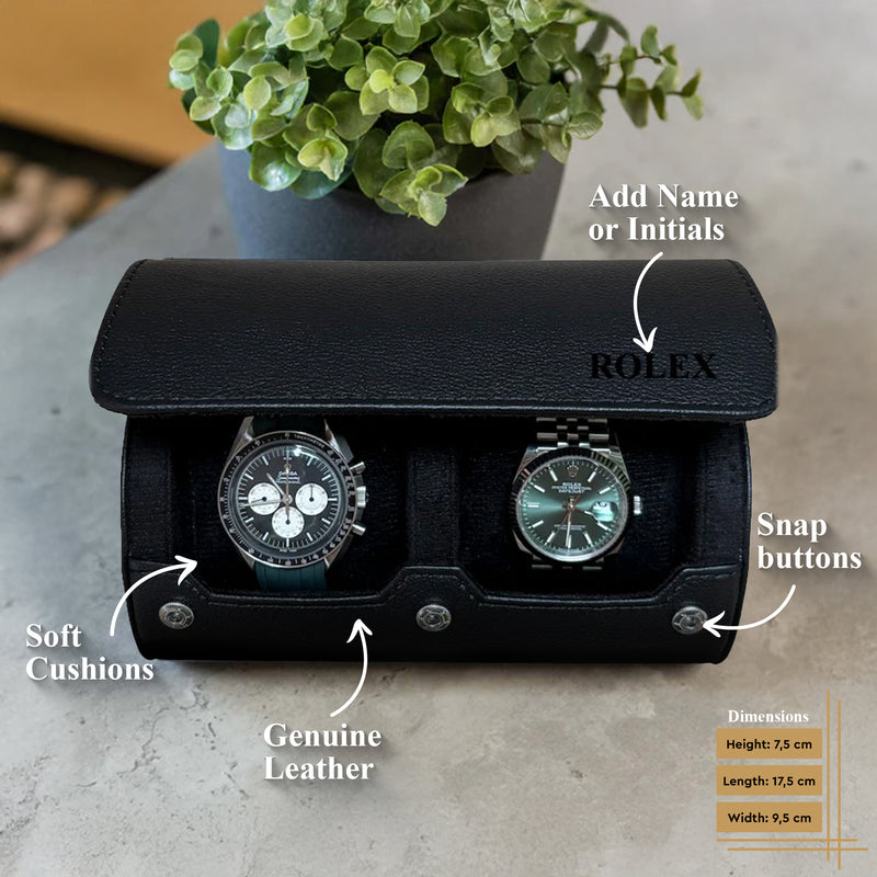 Personalized watch roll for 2 watches in all black 