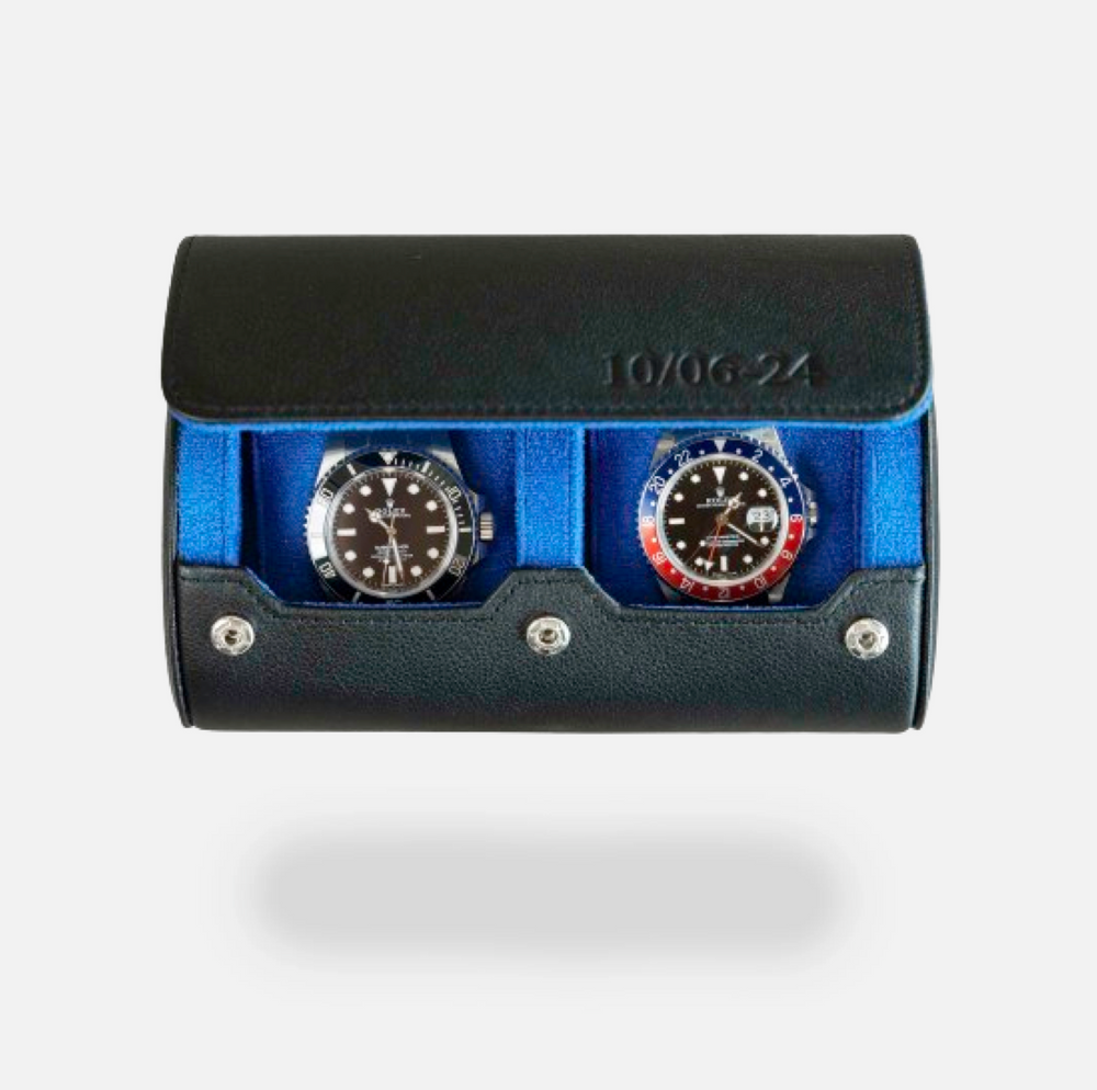 Personalized Two Slot Watch Roll - Black Blue