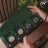 Showing the personalized watch roll for 4 watches in black green