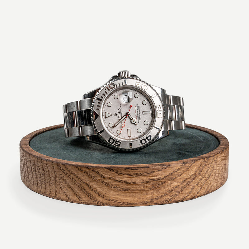Products Morelund Watchmat, dark oak green leather, FSC certified wood, scandinavian design, watch display, watch home decor