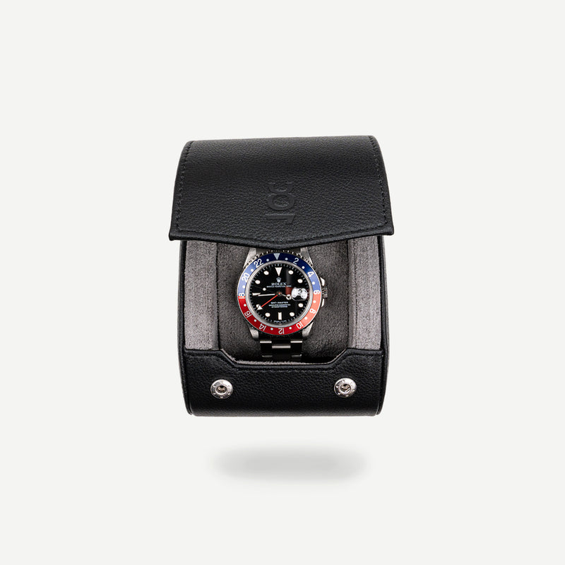 Single Travel Roll - black grey, travel roll for one watch, small travel roll, watch storage, how to travel safely with your watch, compact watch roll, watch roll interior