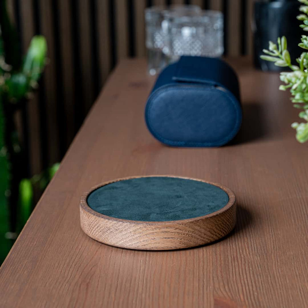 Products Morelund Watchmat, dark oak green leather, FSC certified wood, scandinavian design, watch display, watch home decor